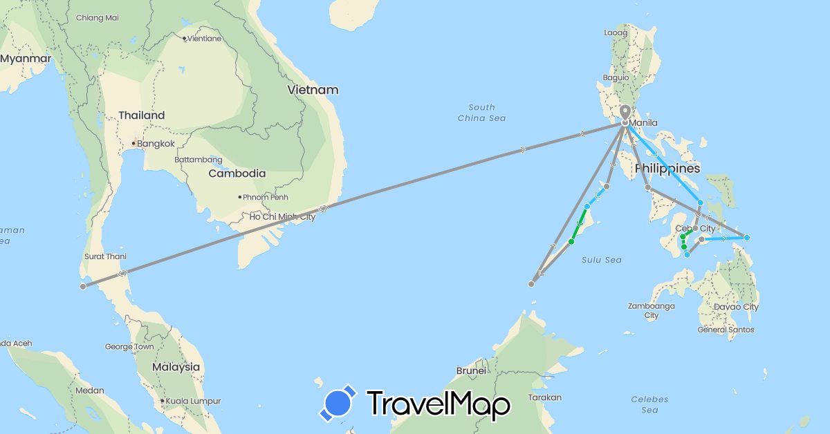 TravelMap itinerary: driving, bus, plane, boat in Philippines, Thailand (Asia)